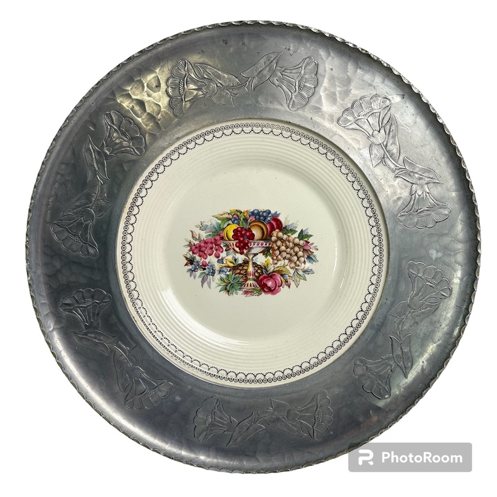 Triumph | Vintage White Gold & Ceramic Serving Platter w/ Floral Pattern
